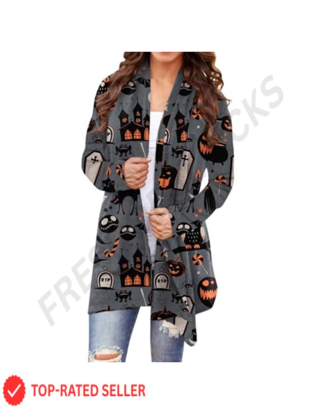 Women's Halloween Cat Pumpkin Knit Cardigan Long Sleeve Open Front Top